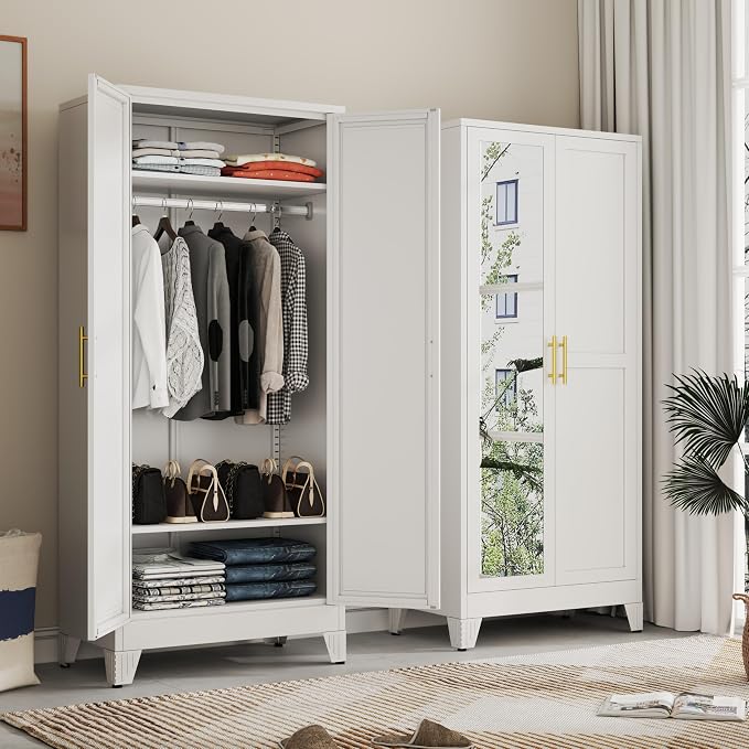 Ckzbx 71" H Metal Armoire Wardrobe Closet with Mirror, Adjustable Shelve, Clothes Drying Pole, Steel Wardrobe Cabinet for Bedroom (White)
