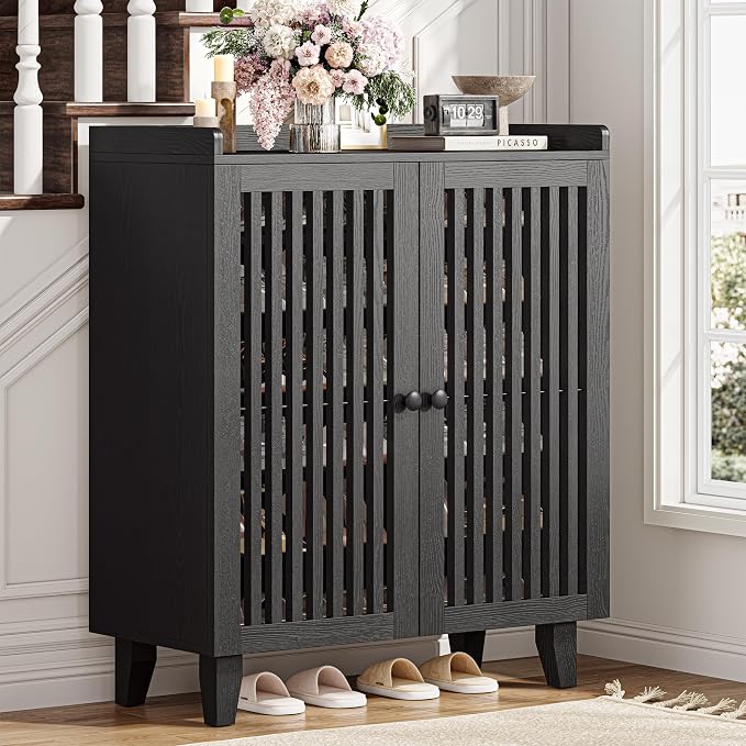 IRONCK Shoe Cabinet with Slatted Doors, 6-Tier Shoe Storage Cabinet with Adjustable Shelves, Wooden Shoe Rack Organizer for Entryway, Hallway, Closet, Living Room, Black