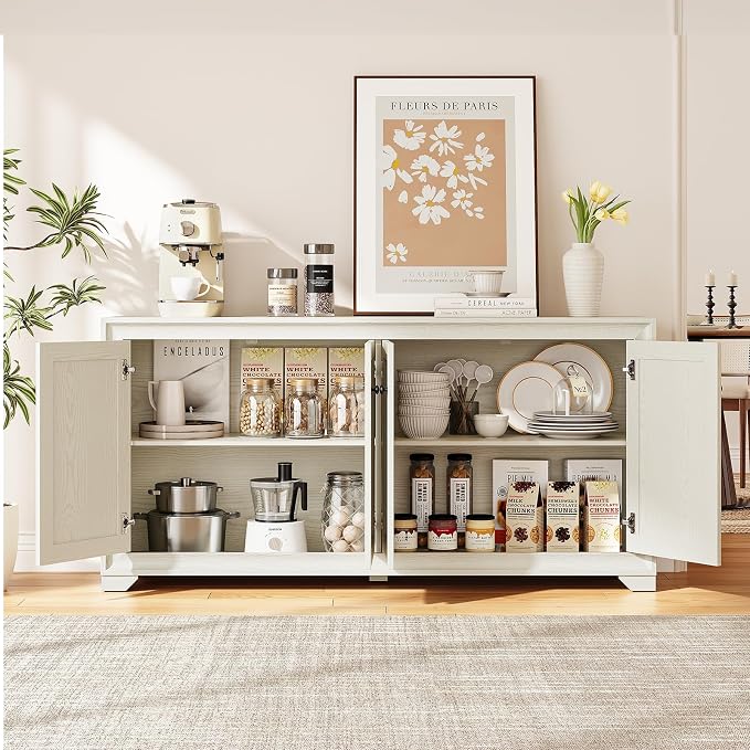 ONBRILL 60" Buffet Cabinet with Storage, 4 Doors Sideboard Buffet Cabinet with Adjustable Shelves, Modern Coffee Bar Console Table for Living Room, Kitchen, Entryway, Grey
