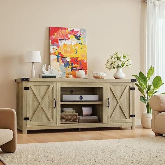 YESHOMY Modern Farmhouse TV Stand with Two Barn Doors and Storage Cabinets for Televisions up to 65+ Inch,Entertainment Center Console Table,Media Furniture for Living Room,Yellow Oak
