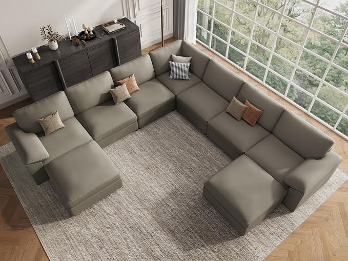 EASE MOOSE Oversized U Shaped Couch,Modular Sectional Convertible Sofa with Wide Deep,Extra Large Faux Leather Scratch Resistant Modern Couch for Big Spaces Living Room,Light Grey
