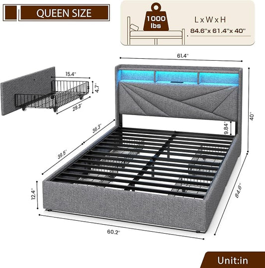 Driftalia LED Queen Bed Frame with 4 Storage Drawers, Upholstered Bed Frame Queen Size with 2-Tier Headboard and Charging Station, No Box Spring Needed, Easy to Assembly - Light Grey