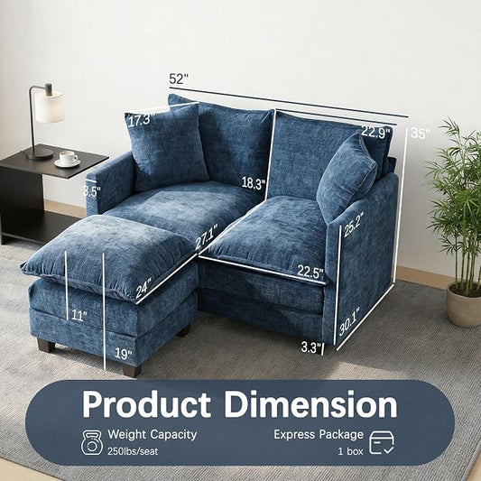 Loveseat Sofa with Ottoman, 52'' Modern Cloud Sofa Couch with 27" Deep Seat & 2 Pillows, Comfy Chenille Small Couch for Small Spaces, Apartment, Studio, Bedroom, Living Room