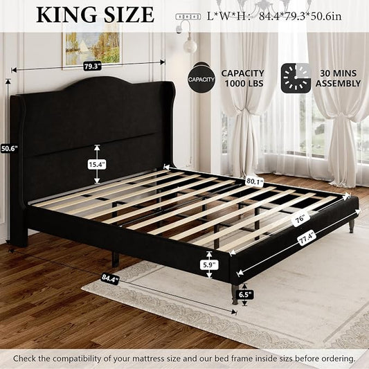 King Size Bed Frame with Wingback Headboard, Upholstered Velvet Platform Bed Frame Easy Assembly, Heavy Duty Wooden Slats Support, Noise-Free, No Box Spring Needed, Minimalist Style, Black