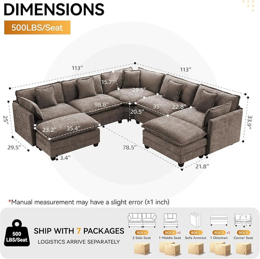 113'' V Shaped Cloud Sectional Sofa, Oversized Deep Seat Couches for Living Room, Chenille Comfy Upholstered Modular Sectional Sofa Couch with 2 Movable Ottoman, Brown