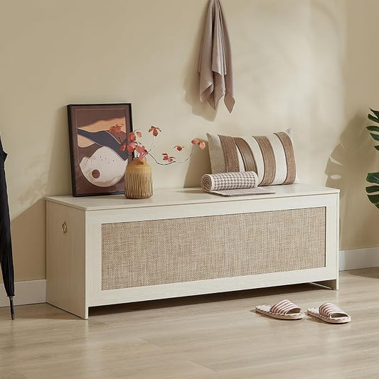 51.2" Storage Chest Extra Large,Storage Bench with 2 Safety Hinges,Wooden Shoe Bench,51.2x15.7x18.3 Inch,Easy Assembly,Storage Bench for Bedroom,Living Room,entryway(White Cream)