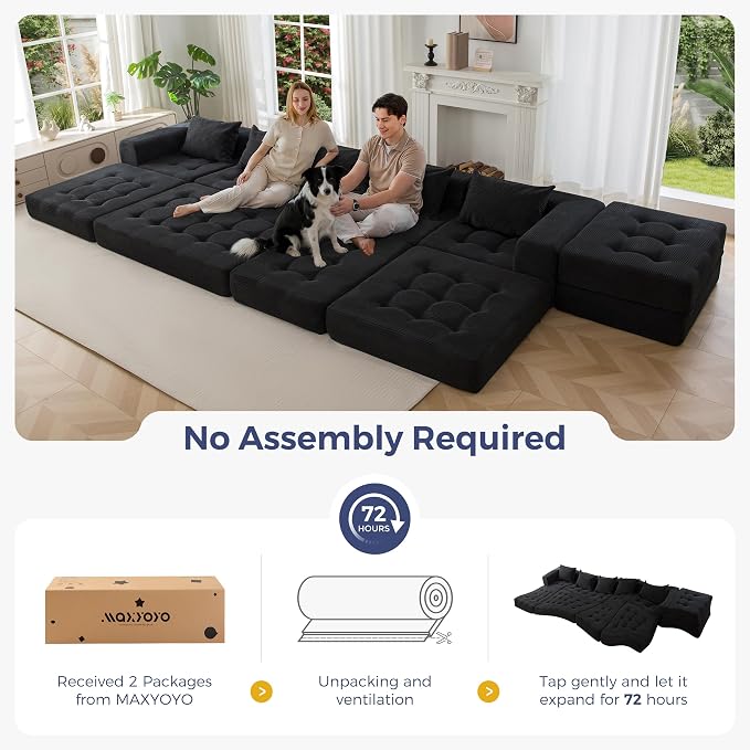 MAXYOYO Modular Sectional Sofa Couch, Foldable U Shaped Cloud Couch with Pillows, Tufted 6-Seat Boneless Sofa Lounger for Living Room, No Assembly Required, Black