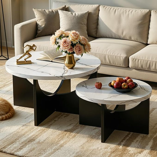 LIKIMIO Nesting Coffee Tables Set of 2, 31.5" Round Side Tables for Living Room, Wooden End Table, Marble