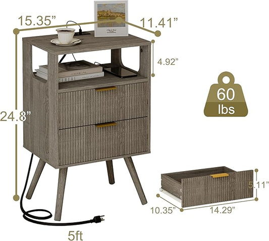 JOONEE Nightstand with Charging Station and LED Lights,Modern Bedside Table with 2 Storage Drawer and Open Wood Shelf, for Bedroom and Small Spaces,Night Stand with Solid Wood Legs,GreyOak