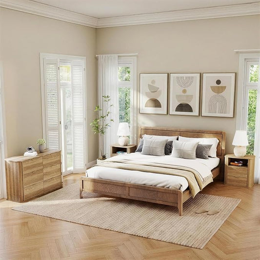 3-Piece Bedroom Furniture Set, Modern Fluted 6 Drawer Dresser & 2-Drawer Nightstands,Mid-Century Wood Storage Cabinet Set n for Bedroom, Hallway (Walnut)