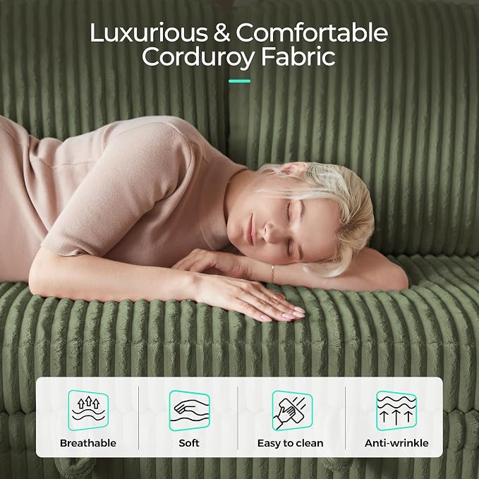 LINSY HOME Sectional Sleeper Sofa with Pull Out Couch Bed for Living Room (Green) | Plush Corduroy