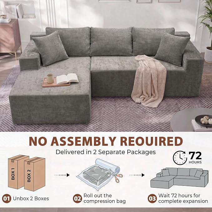 Homall 110" Boneless Sectional Couch, Modular Sectional Sofa L-Shape Couch with Deep Seat, Cloud Comfy Boneless Couch for Living Room, No Assembly Required (Chenille, Grey)
