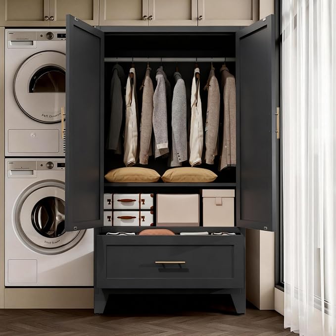 60" Matte Black Metal Storage Cabinet with 2 Doors, Drawer, Interior Rail and Adjustable Shelf, Freestanding Utility Cabinet for Office, Laundry Room, Entryway, Garage and Home Storage