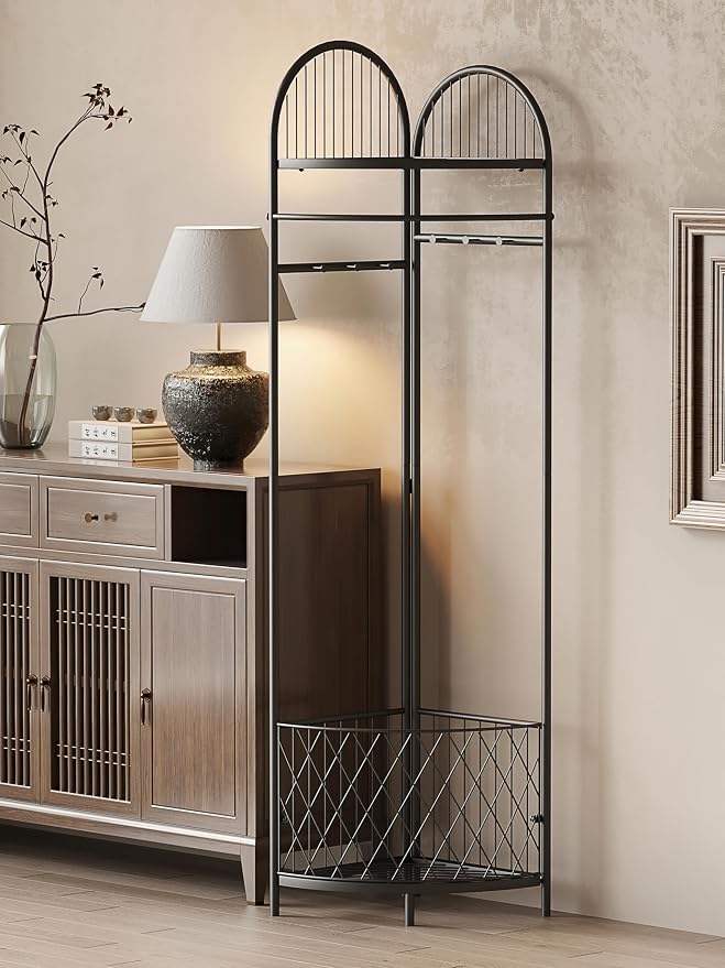 HKaikzo Corner Hall Tree, Coat Rack with 6 Metal Movable Hooks and Storage Basket Coat Rack Design Clothing Rack for Bedroom Entryway Hallway