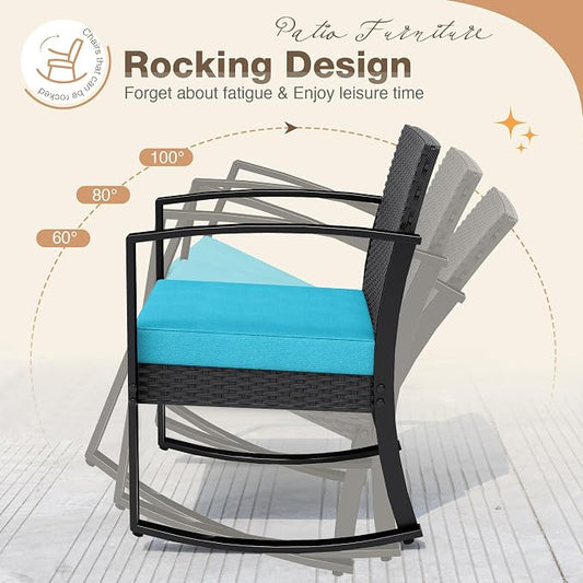 Greesum 3 Piece Patio Furniture Set, All-Weather Imitation Rattan Conversation Set, Outdoor Rocking Chair Bistro Set with Glass Top Coffee Table for Pool, Deck, Porch, Garden or Balcony, Blue