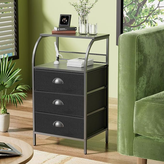 Night Stand Set 2, Nightstand with 3 Fabric Drawers and 2-Tier Shelf, Small Dresser Organizer, Bedside Table with Storage, End Table for Bedroom, Steel Frame, Wood Top, Black
