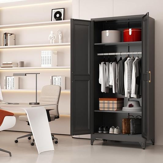 Armoire Wardrobe Closet with Hanging Rod, 71" Tall Metal Clothes Storage Cabinet with Doors and Adjustable Shelves, Black Wardrobe Cabinet, Steel Closet for Bedroom, Bathroom, Office, School