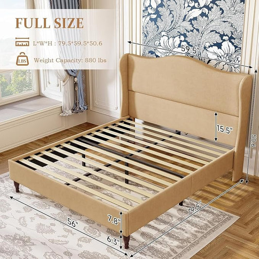 koorlian Full Size Bed Frame Upholstered Platform Bed with 51'' Tall Fabric Headboard and Wooden Slats Support, Retro Minimalist Style/Fully Upholstered/Easy Assembly, Warm Brown