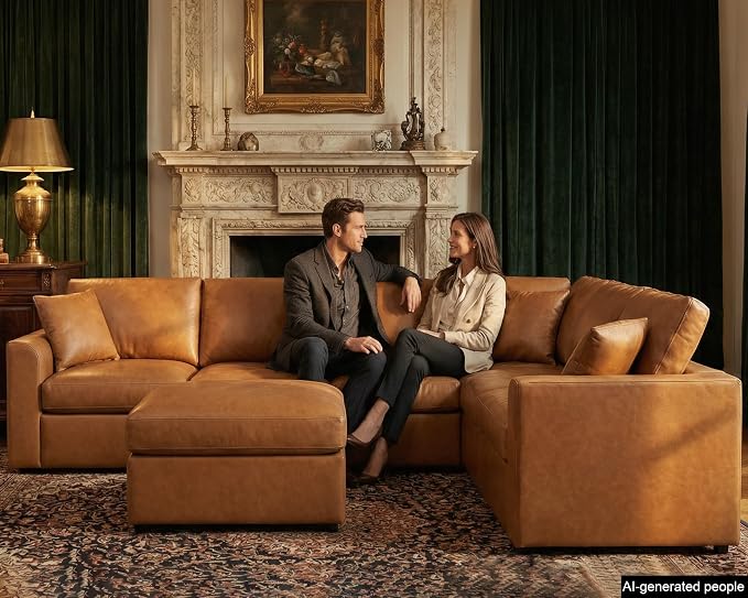 Oversized Leather Modular Sectional Sofa for Living Room, Brown | Extra Deep Seat, Pet-Friendly, Easy to Clean, Easy to Assemble, with Ottoman, Large 7 Seater U Shaped Cloud Couch