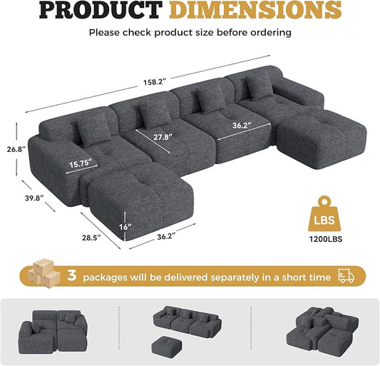 158" Modern U Shaped Modular Sectional Sofa, Boneless Couches for Living Room,6 Seater Convertible Chenille Cloud Couch Sofa Set, No Assembly Required, Grey-Black 1 PCS