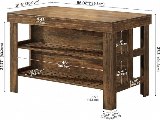 Tribesigns 55.1-Inch Kitchen Island with Seating and Storage, 3-Tier Large Farmhouse Island Table with Large Countertop and Leg Room for Kitchen Dining Room (deep Brown)