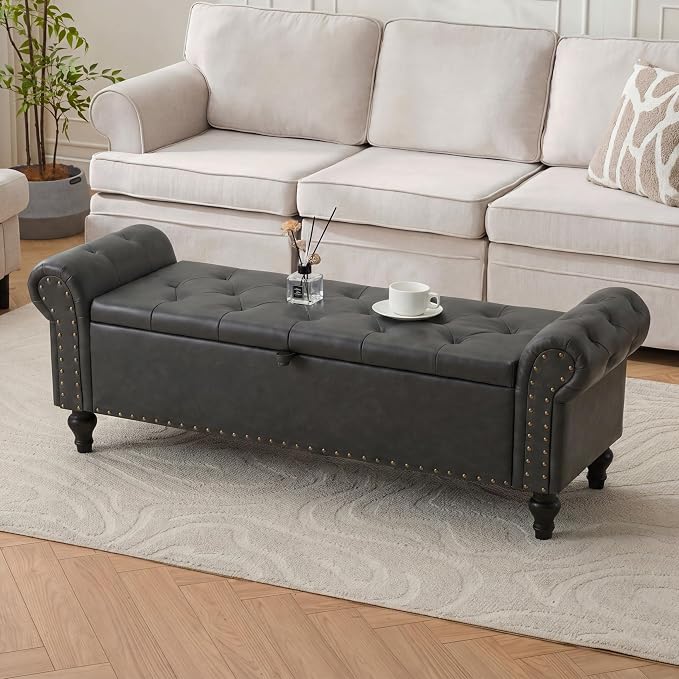55" Storage Bench for Bedroom, Upholstered Ottoman Bench, Leather DarkGray | End of Bed Bench for Bedroom, Window Benches for Living Room, Entryway, Ottoman with Large Storage Space, Pet Friendly