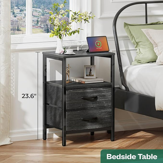 Huuger Nightstand with Charging Station, Fabric Drawers, End Table with Open Shelf, Bedside Table with USB Ports and Outlets, Night Stand for Bedroom, Charcoal Black Wood Grain Print