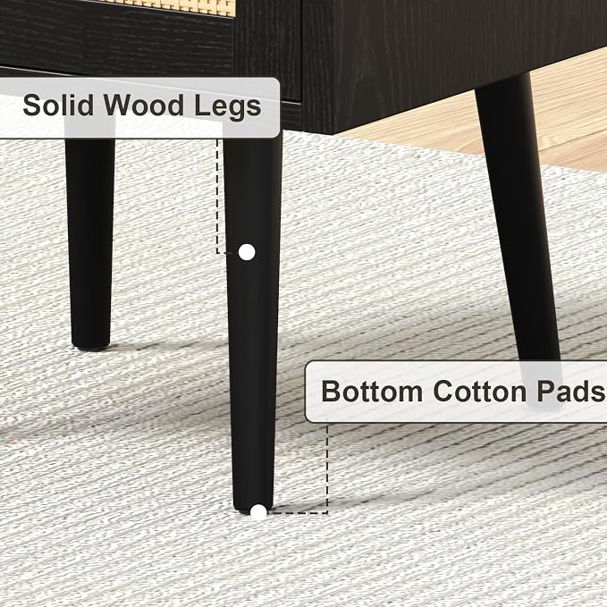 MECHYIN Night Stand Set 2, Nightstands Set of 2 with Charging Station, Rattan Side Tables with Solid Wood Legs, Boho Bedside End Table for Apartment Bedroom Dorm Small Space