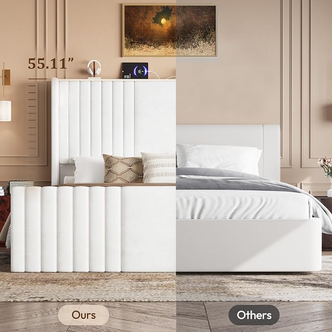 King Size Bed Frame with 55.1" Tall Headboard, Velvet Upholstered Platform Bed with Channel Tufted Wingback, 2 Reading Lights/Storage Shelf/Charging Station/Easy Assembly/Noise-Free, Cream