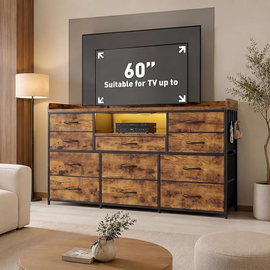 Bepatio LED Dresser for Bedroom with 11 Drawers,Power Strip,4 Hooks,Brown | Stylish Dressers & Chests of Drawers with 2 Wood Storage Shelves, TV Stand for 50/55/60 Inch TVs, Sturdy Metal Frame