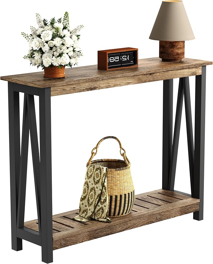 ChooChoo Farmhouse Console Table, Rustic Vintage Narrow Sofa Table for Entryway, Living Room, Hallway, 40 Rustic Oak & Black