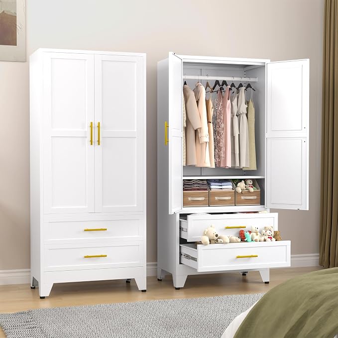 GAIOUS Metal Wardrobe Cabinet with Hanging Rod, Clothing Storage Cabinets | with 2 Door, 1 Adjustable Shelf and 2 Drawers, 71" Steel Armoire Wardrobe Closet for Bedroom, Gym, Cloak Room (White)