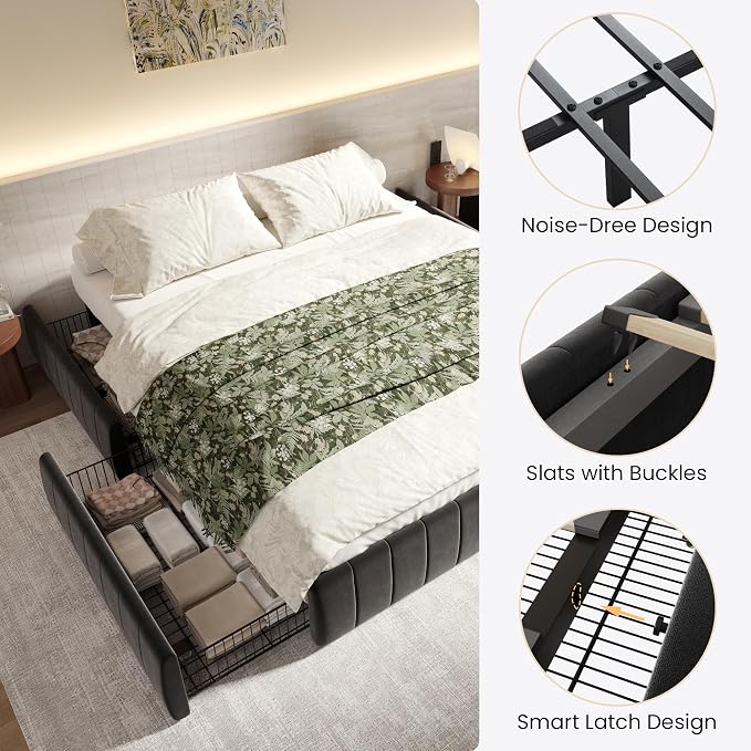 SHA CERLIN King Size Velvet Upholstered Platform Bed Frame with 4 Storage Drawers, Vertical Channel Tufted, Low Profile, Fits Standard Headboards, Wooden Slats Support, Easy Assembly, Black