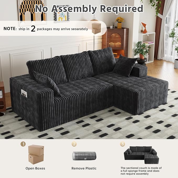 Cloud Boneless Sectional Couches with Oversized Chaise for Living Room, Modular L Shaped Couch with Deep Seat, Memory Foam Compressed 3 Seater Sofa for Apartment