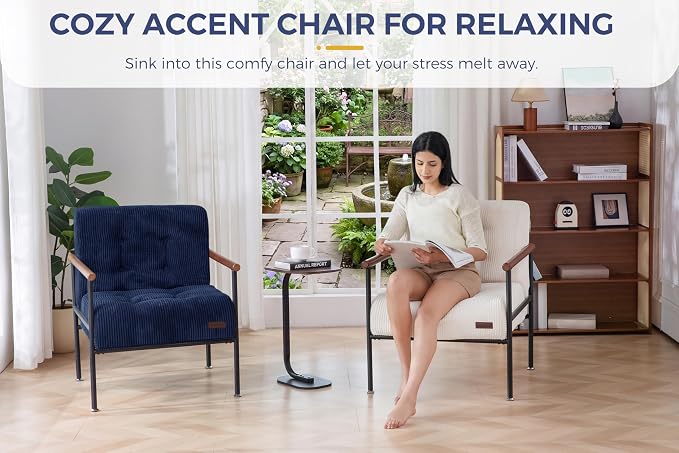 MAXYOYO Living Room Accent Chair, Modern Chair with Sturdy Metal Frame & Wood Armrests, Upholstered Reading Chair with Upholstered Cushion for Bedroom Balcony Porch, Navy