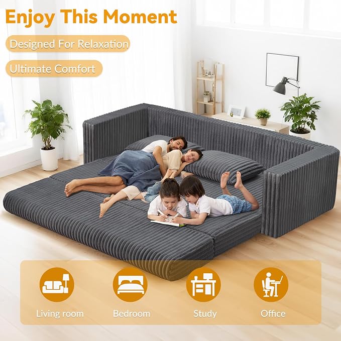 HABUTWAY 78" Loveseat Boneless Couch, 4-in-1 Convertible Sofa Bed, Plush Fur Folding Futon Sofa Bed Couches with 2 Pillows for Living Room, High-Density Foam Support, No Assembly Required, Grey