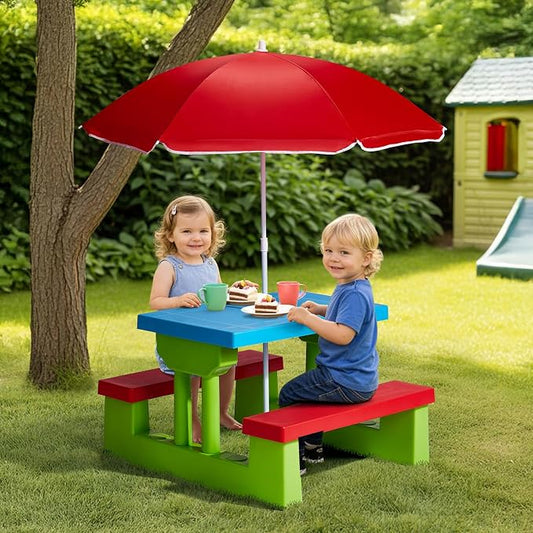 JOYMOR Kids Picnic Table with Removable Umbrella, Plastic Kids Activity Table for Outdoors, Toddler Table and Bench Set for Ages 3+, Ideal for Garden, Patio, Coloful
