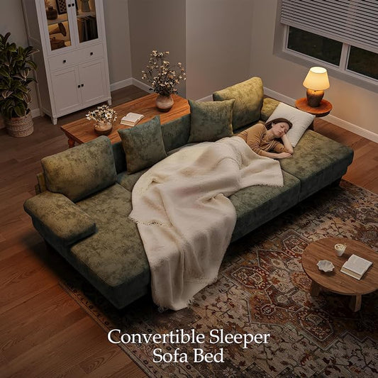 Txtin's Sleeper Sofa with Pull Out Couch Bed | 112 Inch Couches for Living Room | U-Shaped Convertible Sofa Bed | Chenille Green