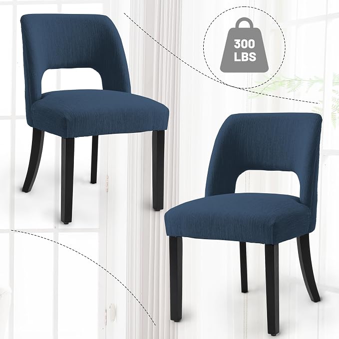 VKNOW Wooden Dining Chairs Set of 6, Modern Fabric Upholstered Dining Room Chair Kitchen Chairs, Farmhouse Dinner Chair for Kitchen Dining Room, Blue-Black Legs
