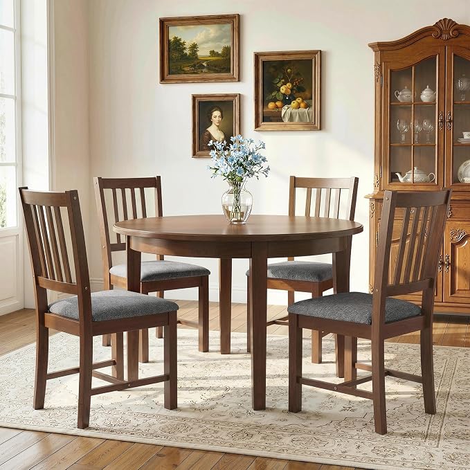 HOMCOM Wooden Dining Chairs Set of 2, Mid-Century Modern Upholstered Kitchen Chairs with Slat Backrest, Rubberwood Legs and Padded Seat for Dining Room, Living Room, Farmhouse-Walnut
