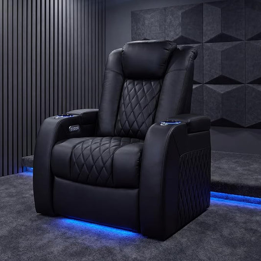Weilianda Home Theater Seating Top Grain Leather Zero Gravity Recliner Chair Power Headrest Recline Movie Seat Gaming 7 Colors Mood Light Sofa with Tray Table USB Charge Row of 1 Black