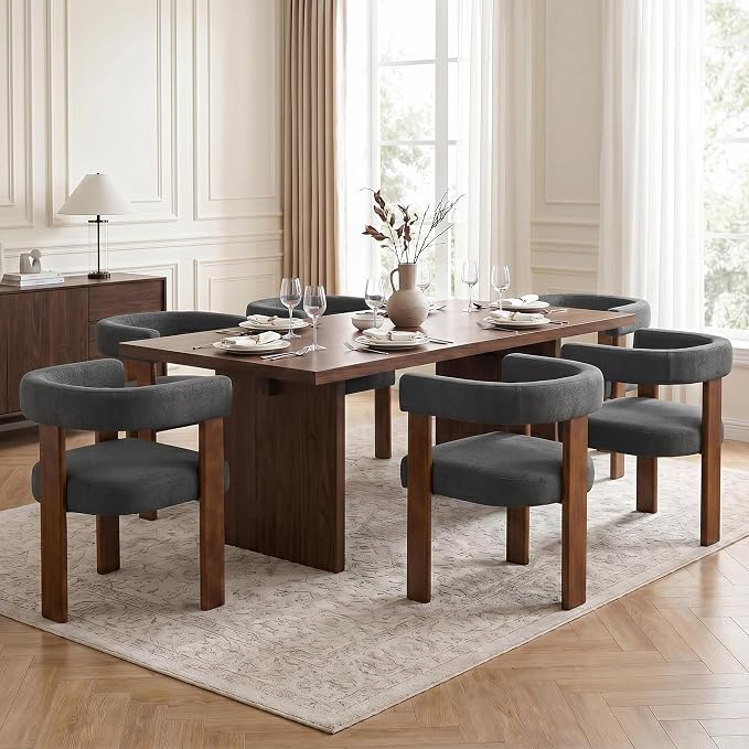 Usaint Wooden Barrel Dining Chairs Set of 2, Mid-Century Modern Upholstered Dining Room Chairs with Walnut Wood Legs and Loop Back, Accent Arm Chair for Dining Room, Kitchen, Living Room, Dark Gray
