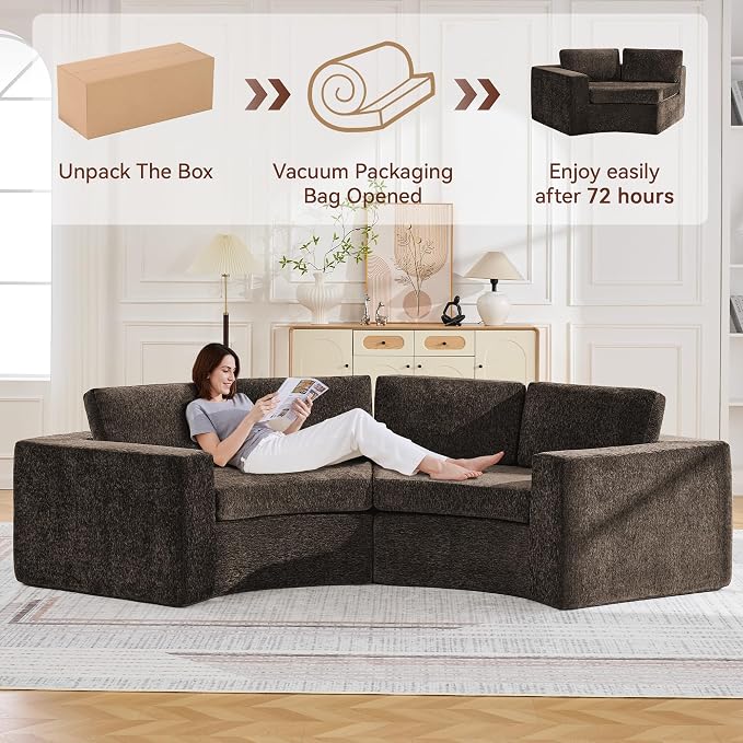 WUTUTUEE 139'' Curved Round Boneless Couch, Oversized Cloud Sofa with Deep Seat & Arms, Chenille Modular Sectional Sofa with Pillows, Upholstered Comfy 6 Seat Couch for Living Room, Brown