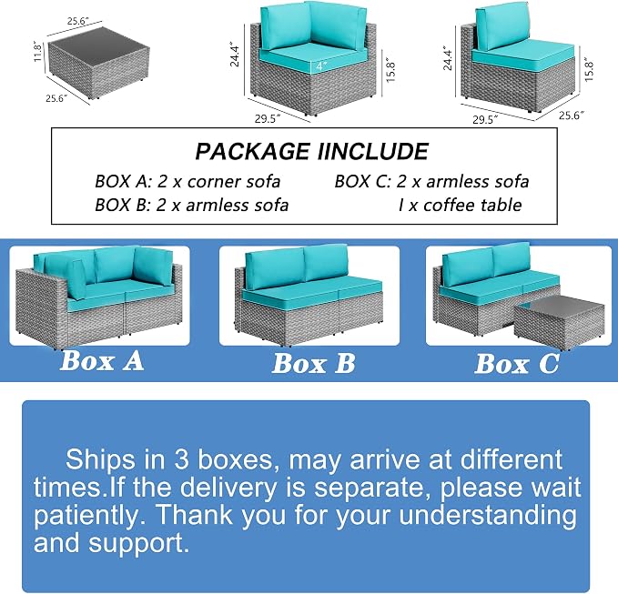 Shintenchi 7 Pieces Outdoor Patio Furniture Sets, Patio Sectional Sofa Couch, Silver Gray PE Wicker Furniture Modular Patio Conversation Sets Patio Sofa with Washable Cushions & Coffee Table (Blue)