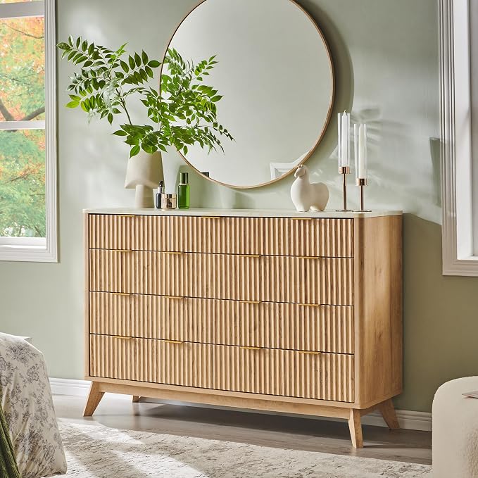 T4TREAM Fluted 9 Drawer Dresser, Modern Chest of Drawers with Faux Marble Top, Curved Profile Design, Dresser TV Stand, Wood Drawer Organizer for Bedroom, Living Room, Hallway, Natural Oak