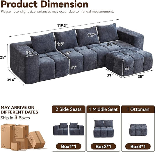 119" Boneless Couch, Oversized Cloud L Shaped Couch, Modular Sectional 4 Seater Sofa with Deep Seat, Modern Sectional Memory Foam Couches for Living Room, Tufted Sofa, No Assembly Required, Blue