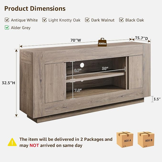 OKD Modern 70" TV Stand, Entertainment Center for TVs Up to 80", Media Console with Large Open Storage & Side Cabinets, Thick Wood Design for Living Room, Alder Grey