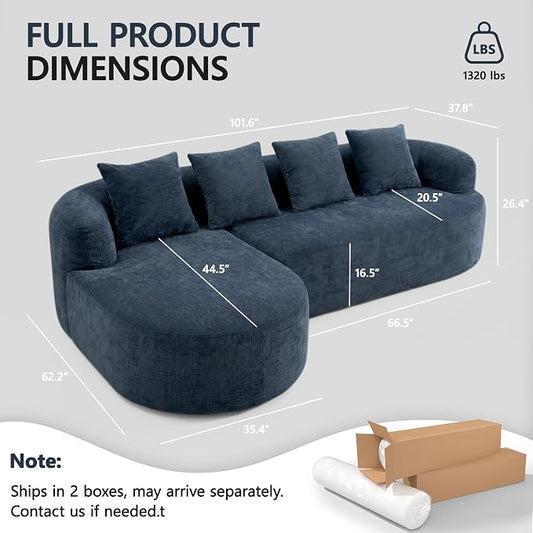 Modular Sectional Boneless Couches, Cloud Sectional Couch with L-Shape Curved Chaise, Modern Comfy Chenille Sofa with Deep Seat for Living Room, Bedroom, No Assembly Required (Blue)