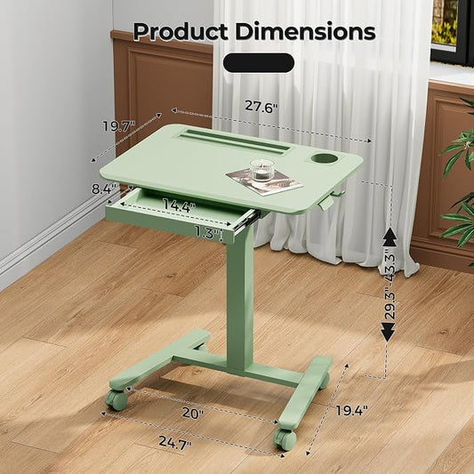 Mobile Standing Desk with Drawer, 28" Rolling Desk with Cup Holder and Hooks, Portable Laptop Workstation on Wheels, Height Adjustable Cart with Storage for Home Office, Sage Green