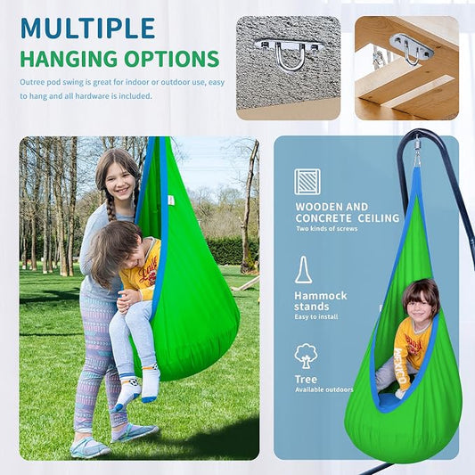 OUTREE Kids Pod Swing Seat, Cotton Child Hammock Swing Chair, Sensory Swing for Indoor and Outdoor Use, Green and Blue